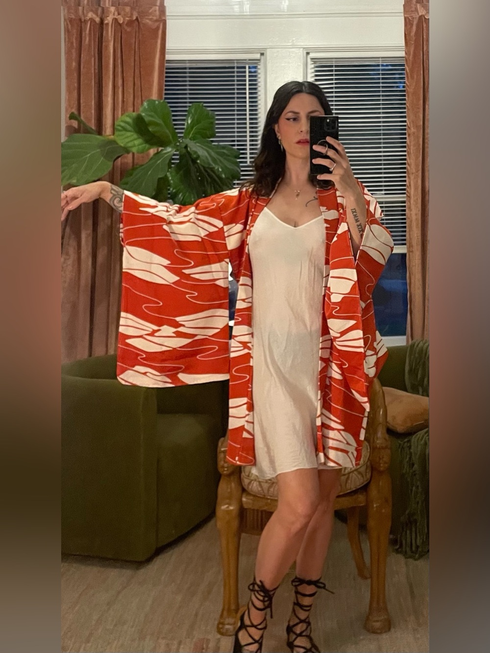 Vintage silk Japanese kimono Haori overcoat orange cream water ripples cover up